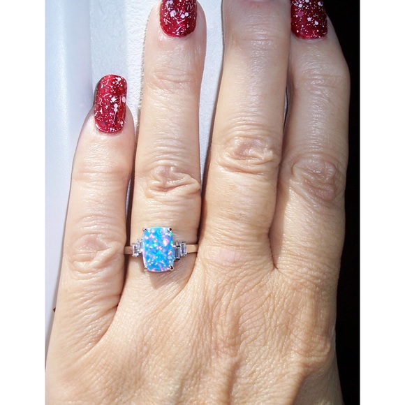 925 STERLING SILVER Lab Created Blue Lavender Fire Opal & CZ Ring - Picture 2 of 13